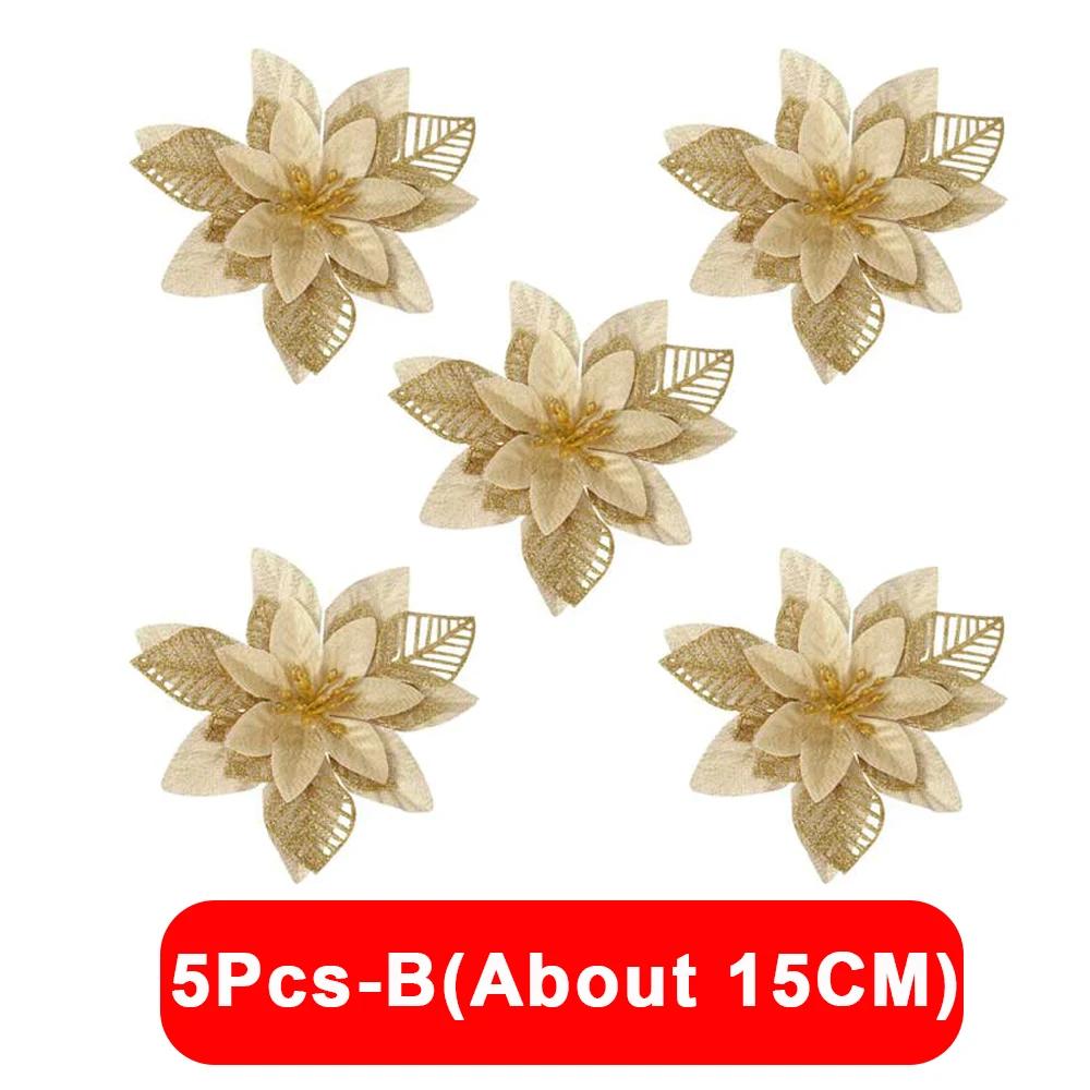 5/1Pcs Christmas Glitter Artificial Flowers DIY Christmas Tree Hanging Ornaments Fake Flower For Xmas New Year Party Decor Gifts