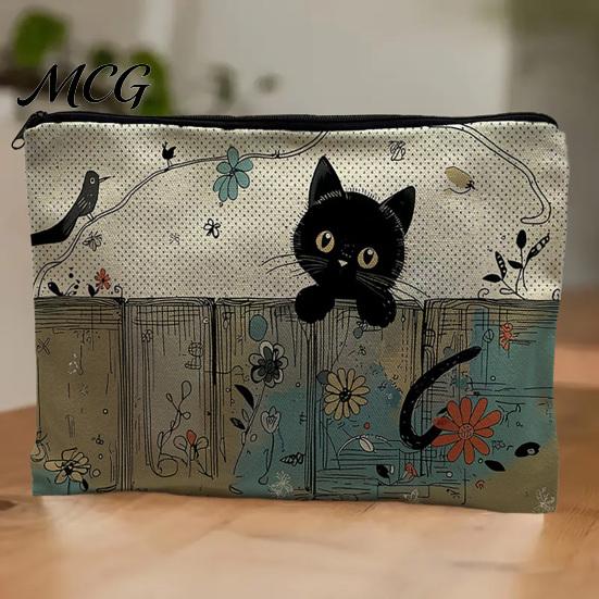 Leak-proof Storage Pouch Cat Printed Bag, with Smooth Zipper, Thickened Polyester Black Zipper Bag Makeup Multipurpose Pencil Case Travel Toiletry