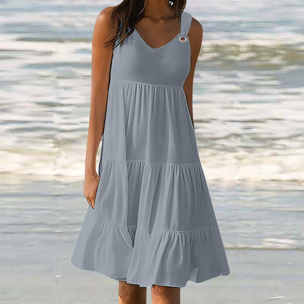 YYFS Women's Fashion Summer Spring Solid Color Print Sleeveless V-Neck Middle Waistline Casual Dresses