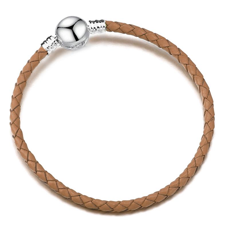 Silver Color Round Clasp Shaped Leather Chain Charm Bracelet Fit Beads DIY Brand Bracelet Bangle for Women Men Gift Dropshipping