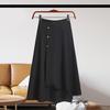 High-Waisted Midi Skirt Buttons Decor Irregular Large Hem A-Line Skirt Solid Color Summer