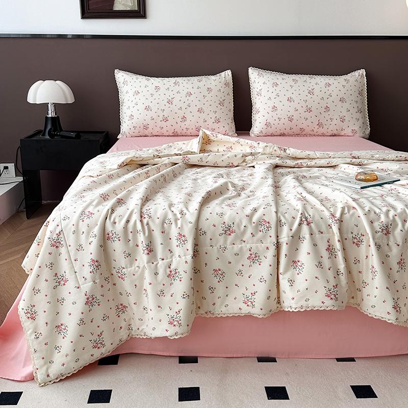 Rose Garden Vintage Floral Summer Quilt Khaki 100% Cotton Reversible Thin Comforter Bedding Set Air Conditioner Quilts Bedspread