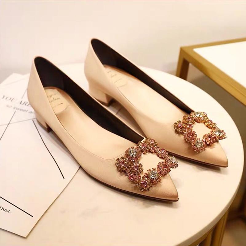 Женские туфли на высоком каблуке с квадратной пряжкой Water Diamond, заостренные толстые каблуки, свадебные шелковые атласные туфли на среднем каблуке с неглубоким носком