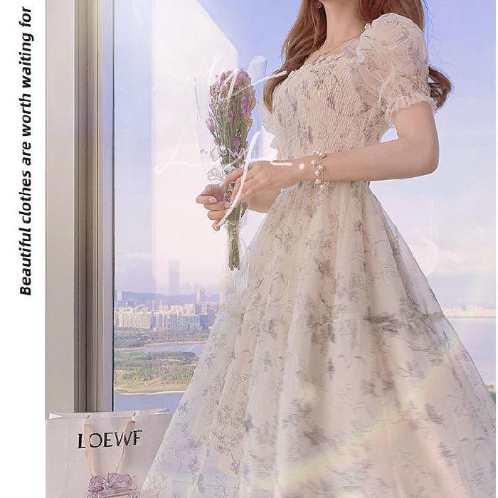 Летнее платье 2024 года с цветочным принтом и французскими чернилами, рукава-фонарики