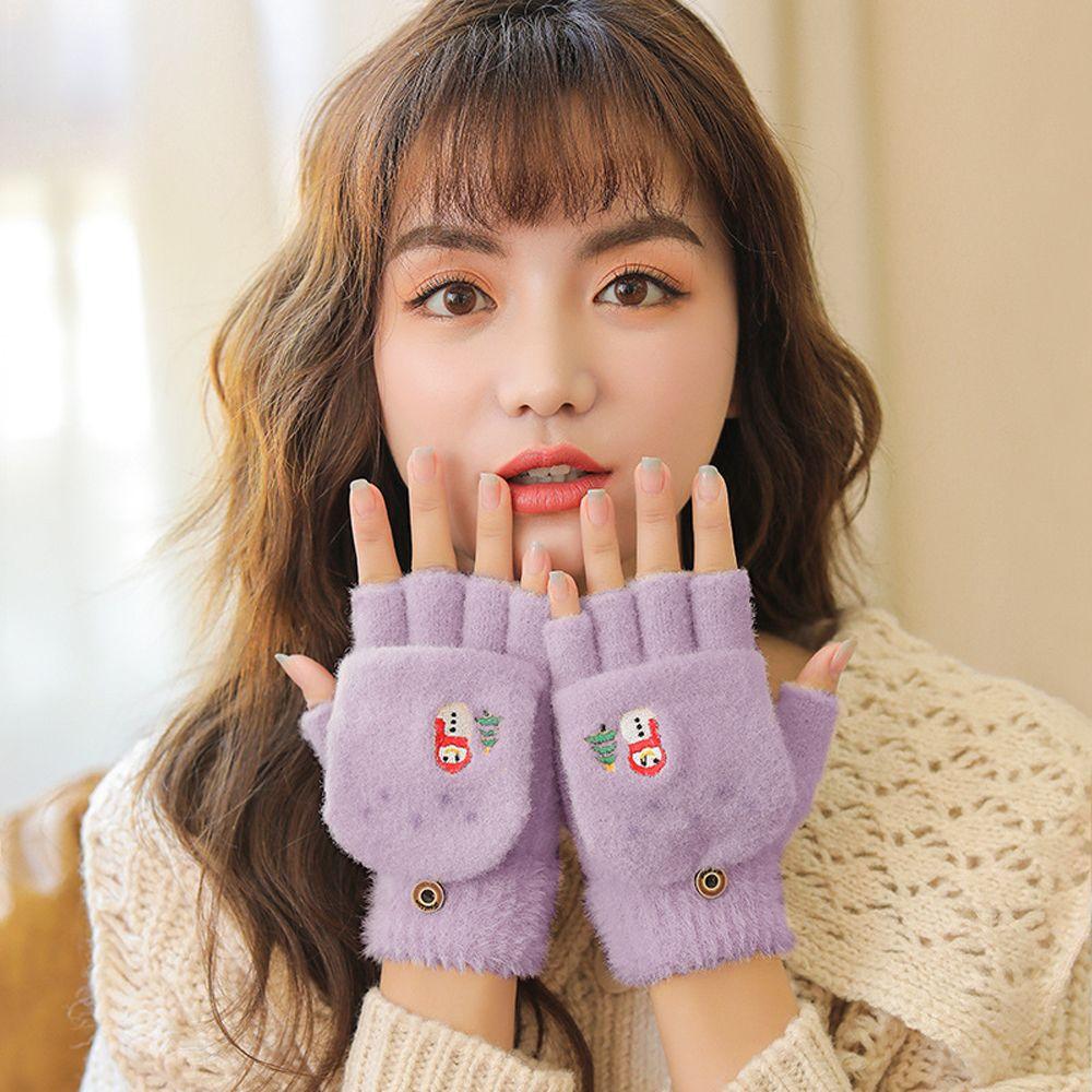 Color Outdoor Cycling Keep Warm Half Finger Gloves Women's Gloves Thick Mittens Flip Cover Gloves