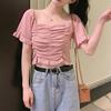 Квадратный вырез воротник ключица плиссированный короткий рукав вязаный свитер женский летний ретро короткий милый топ футболка повседневный Essential Slim Fit пуловеры футболки