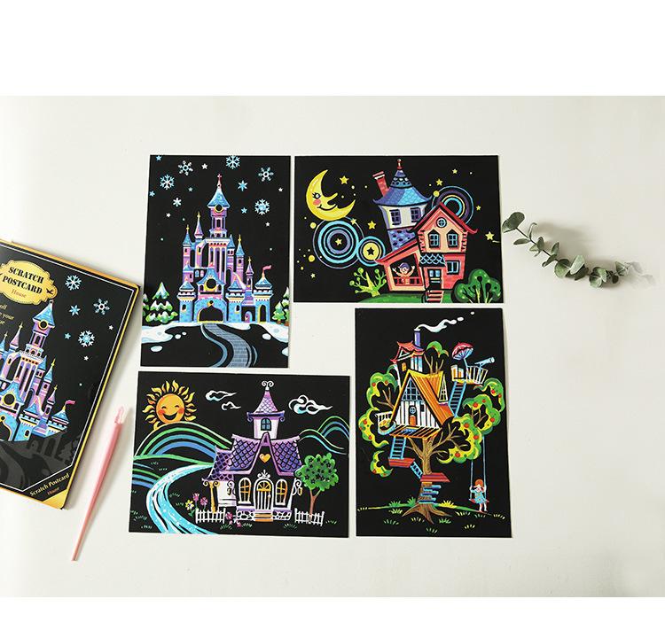 4 Pcs/Set A5 Colorful City Night View Scraping Painting Cartoon Anime Character Magic Art Graffiti Scratch Painting Drawing Toys