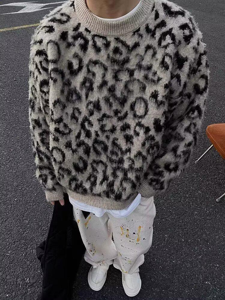 Мужской ретро-свитер с леопардовым принтом - Высококачественный вязаный свитер в стиле колор-блок