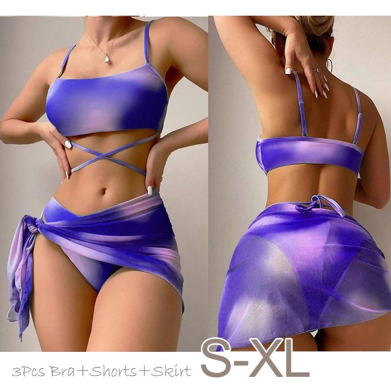 Trendy 3 Piece Tie Dye Print Bikini Swimsuit Beach Cover Up Swim Set for Women