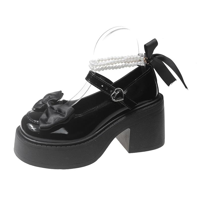 Модные туфли Мэри Джейн на высоком квадратном каблуке с круглым носком и бабочкой на распродаже 2024 года. Высококачественные туфли-лодочки с пряжкой и ремешком для вечеринок