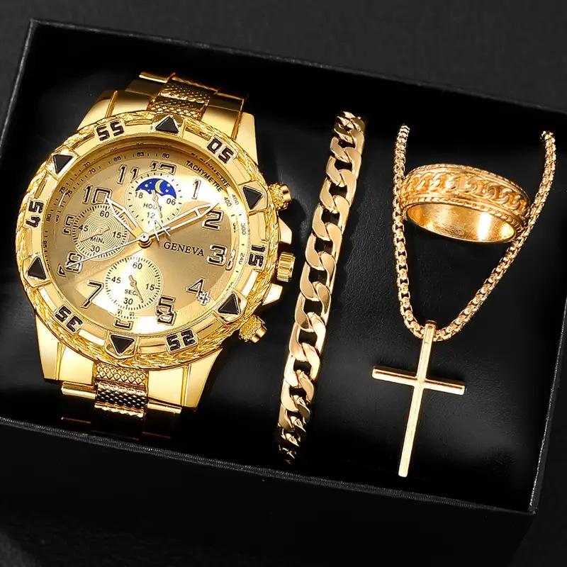 Мужские часы с большим циферблатом и сапфировым стеклом, мужские бизнес-часы высокого класса + набор из 4 ювелирных изделий