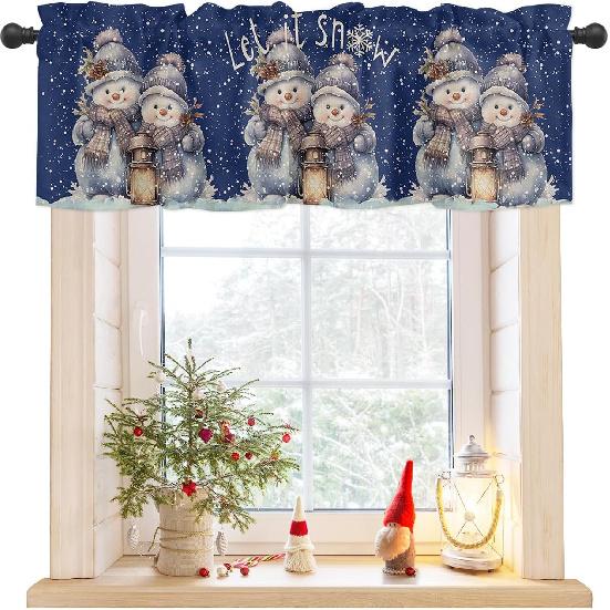 Penguin Winter Snowman Oil Lamp Snowflake Valance Tier Curtain Rod Pocket Valance for Multi-purpose Rooms, 1 Panel, 42x12 Inch, White
