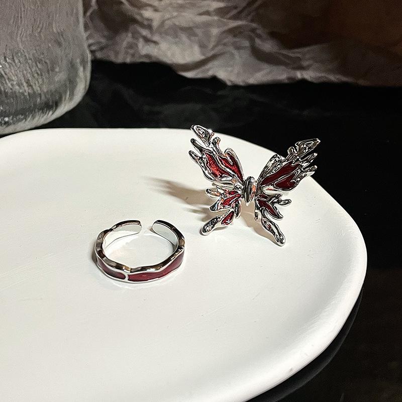 Vintage Red Butterfly Rings For Women Goth Punk Irregular Open Rings Set Y2K Halloween Accessories For Women Kpop Jewelry