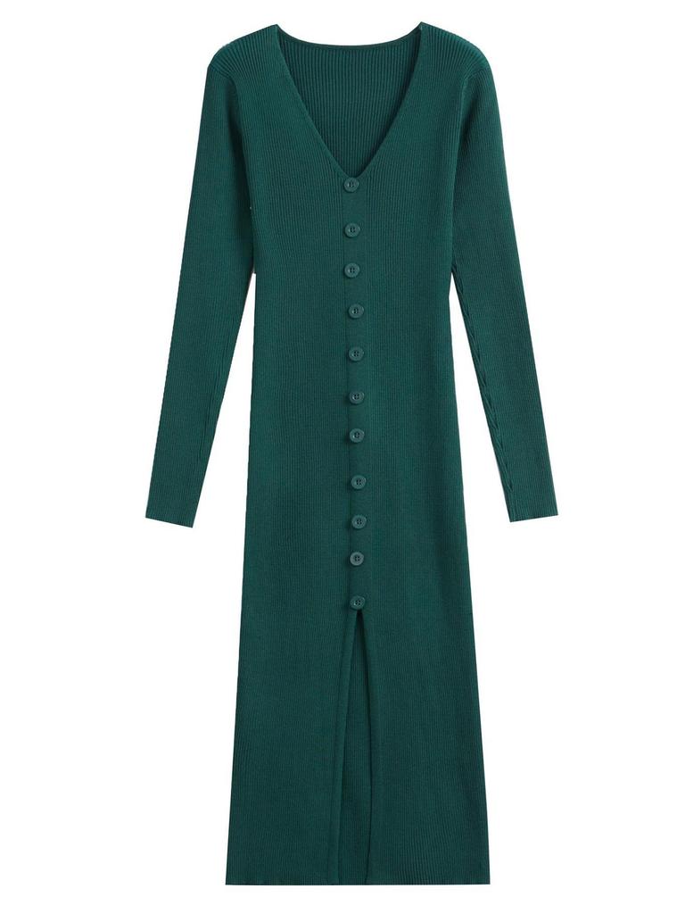 Платье миди с V-образным вырезом, разрезом, однобортное, вязаное, облегающее