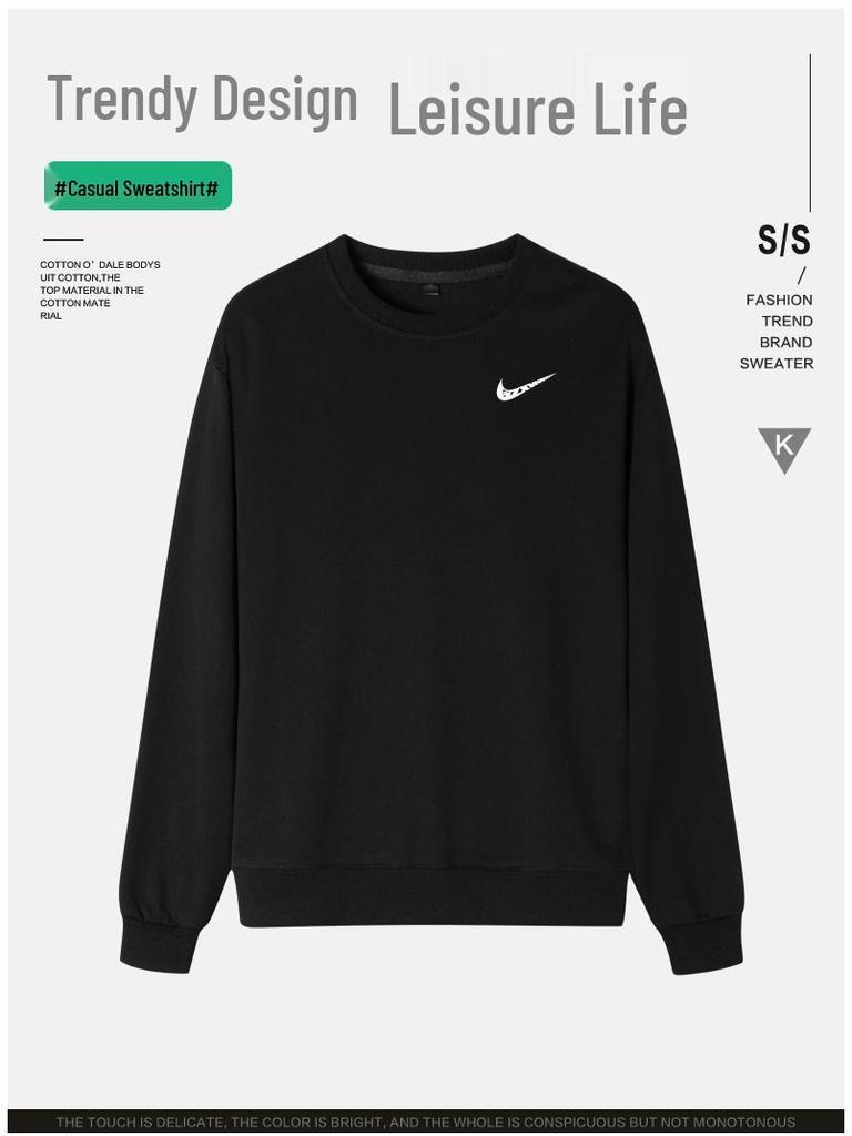 Мужская хлопковая толстовка с круглым вырезом: Весна/Осень, Свободный крой, Большой размер, Однотонный, Парная спортивная одежда, Куртка-футболка с длинным рукавом и логотипом.