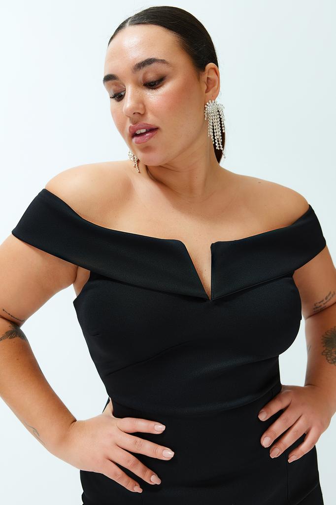 Женское платье больших размеров, черное двухслойное вязаное платье с воротником