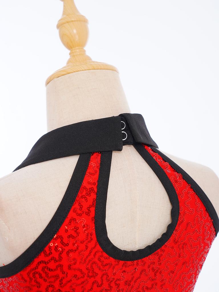 Girls Dance Costume Turn-Down Collar Sleeveless Sheer Mesh Keyhole Back Shiny Sequins Feather