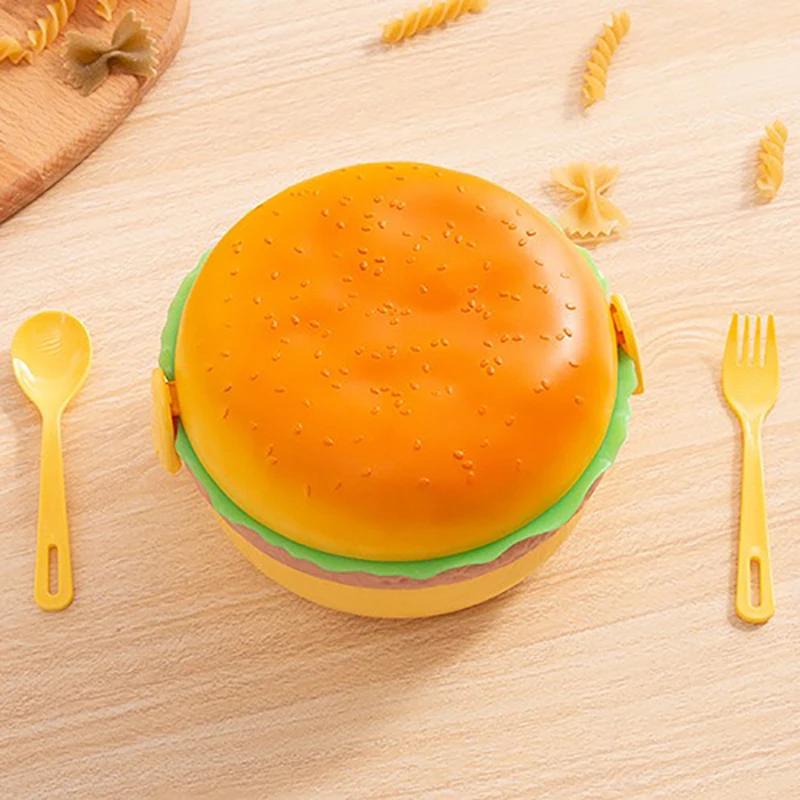 Коробка для гамбургера, двухъярусная, для детей, симпатичная коробка для бенто с вилкой, ложкой, для микроволновки, школьный контейнер для еды, подарки
