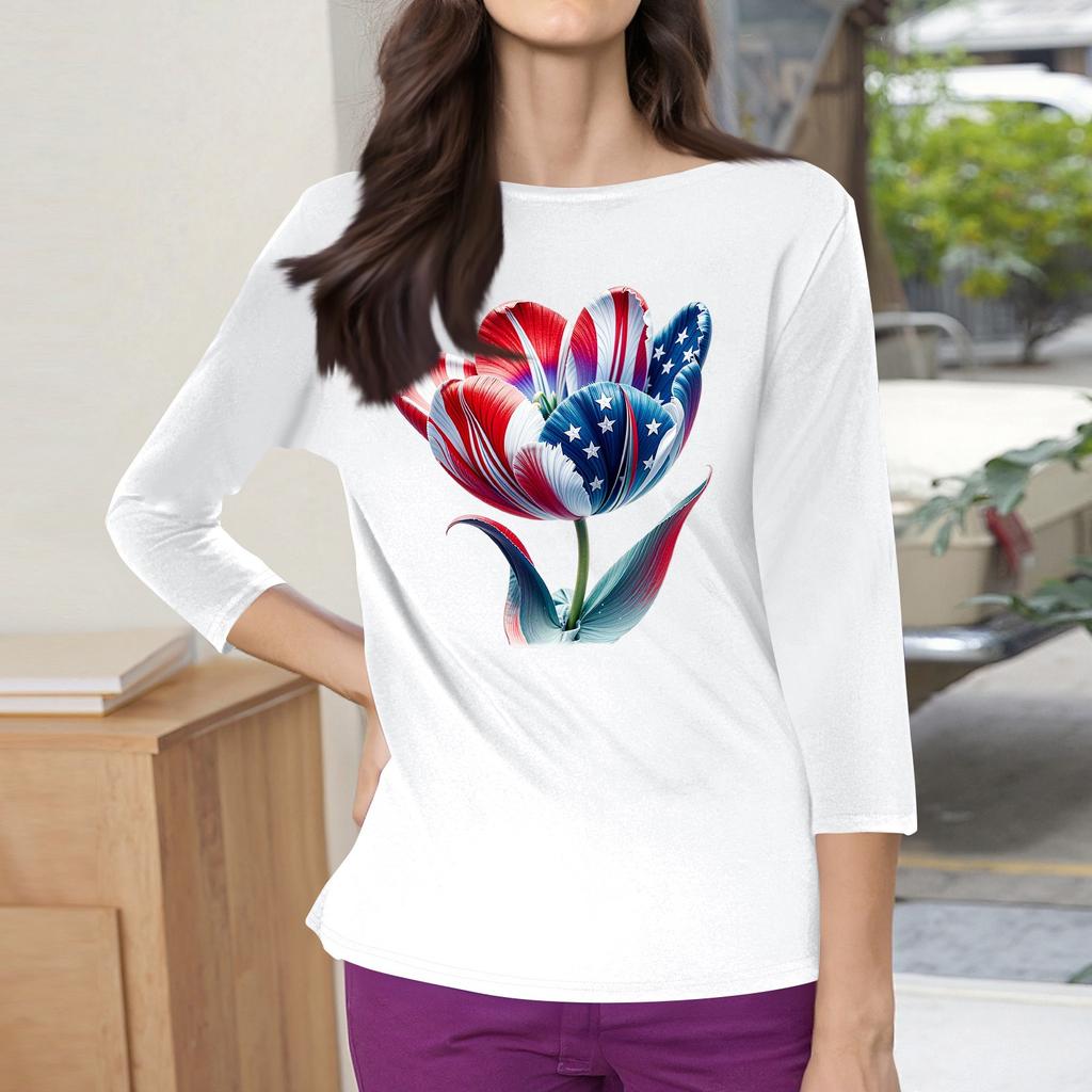 3/4 Sleeve Tops For Women T-Shirt Casual Print Tops T Shirt Round Neck Pullover Blouse