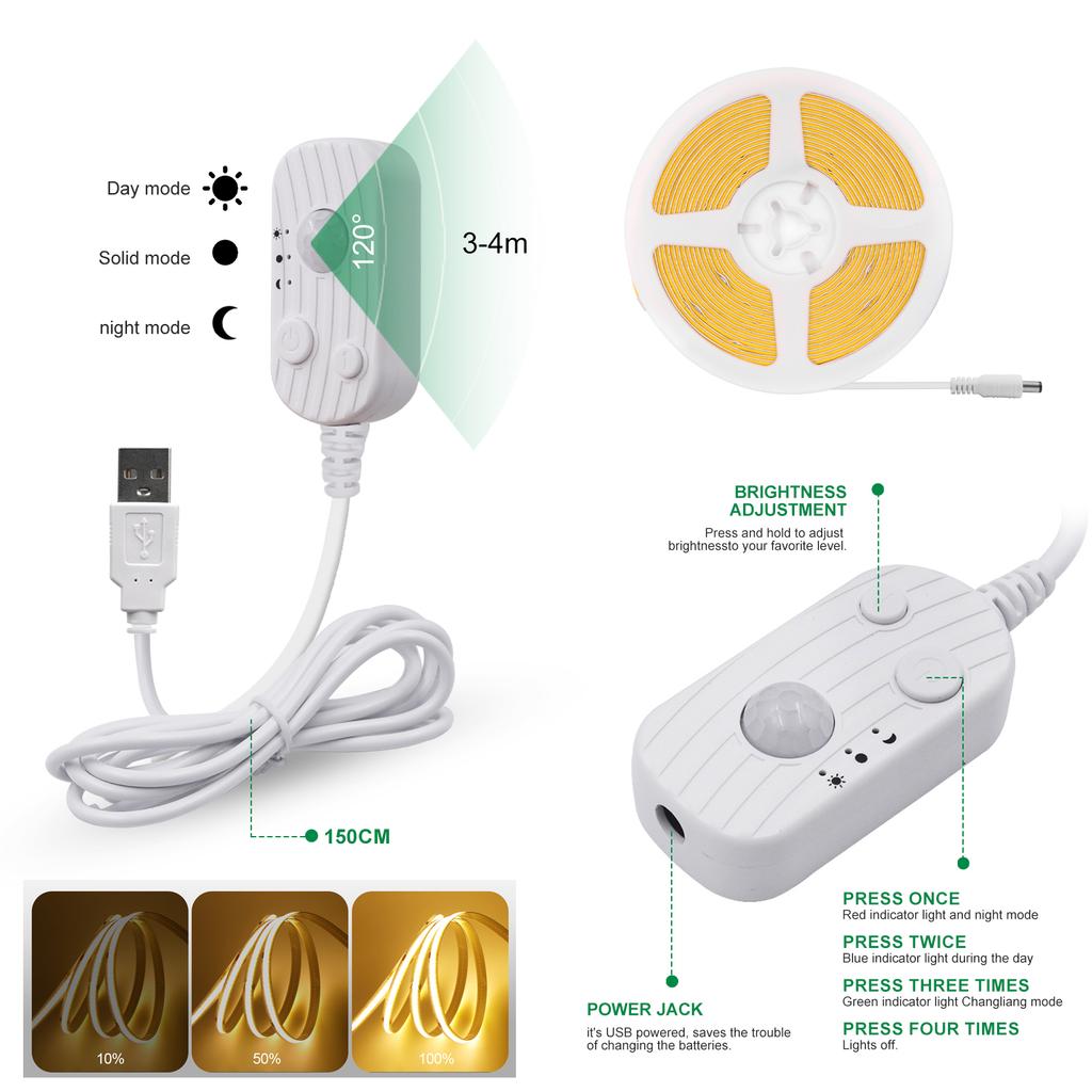 Светодиодная лента со светодиодным датчиком движения 5 В USB Гибкая COB-подсветка 4 батарейки ААА Высокая плотность Линейный свет 8 мм 320 светодиодов Ленточная веревка для подсветки