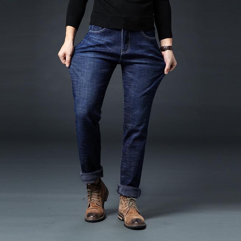 Зимние мужские деловые прямые джинсы 2024 года, свободные прямые джинсы, теплые и плюшевые толстые длинные брюки