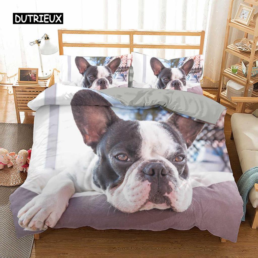 Комплект постельного белья с изображением французского бульдога размера King Size, милый комплект постельного белья с изображением щенка и животных для детей-подростков из полиэстера, 2/3 шт., мягкое одеяло