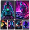 Neon Design Music Cool DJ Headphone Poster Canvas Paintings Abstract Wall Art For Bar Club Room Home Decor Frameless No LED