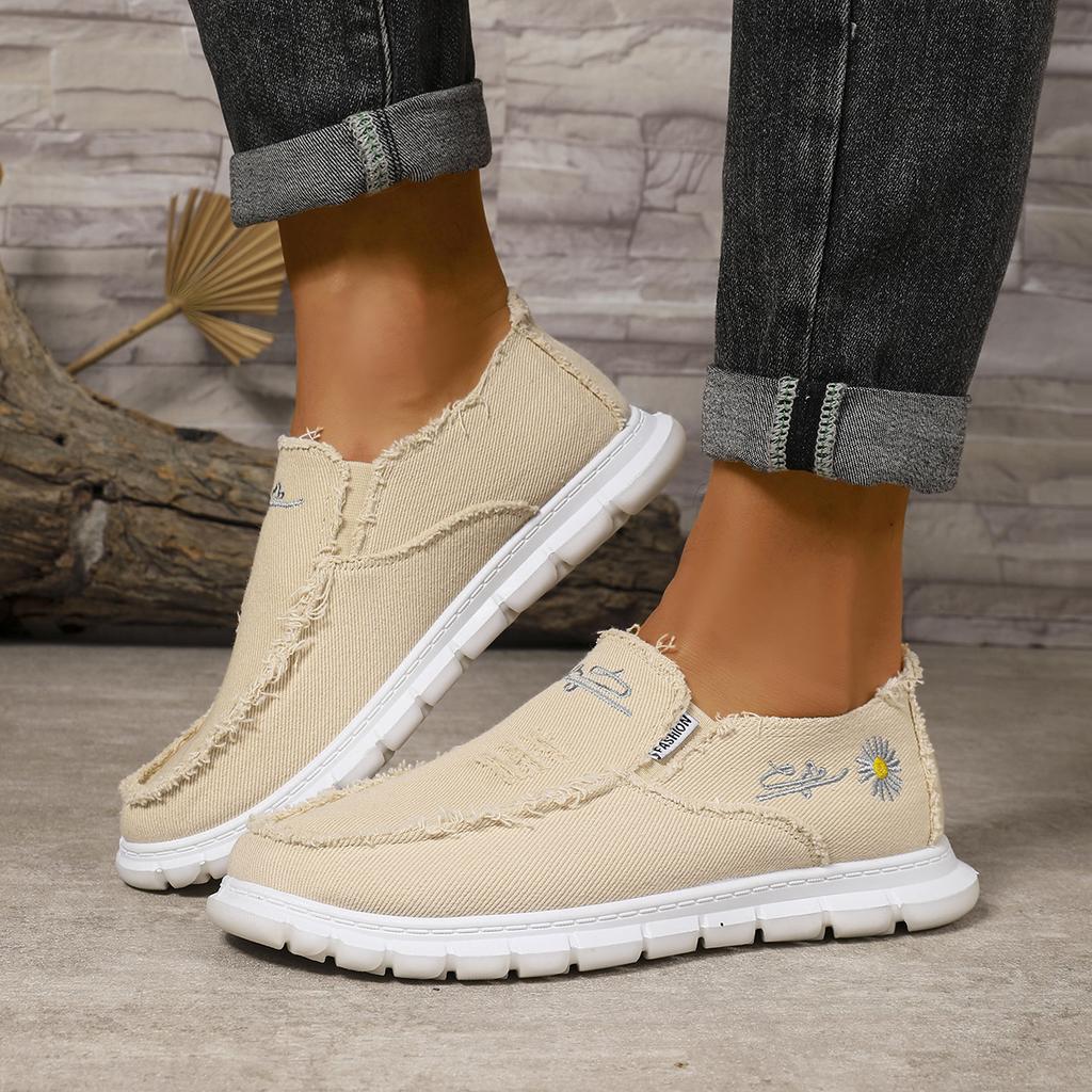 Women'S Casual Low-Top Sneakers with Washed Canvas & Daisy Design