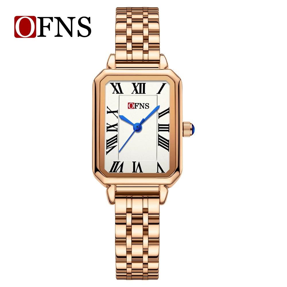 Ofns Waterproof Women's Watch with Bamboo Pattern Strap Square Dial Niche Design Casual Daily Dress Wristwatch for Ladies