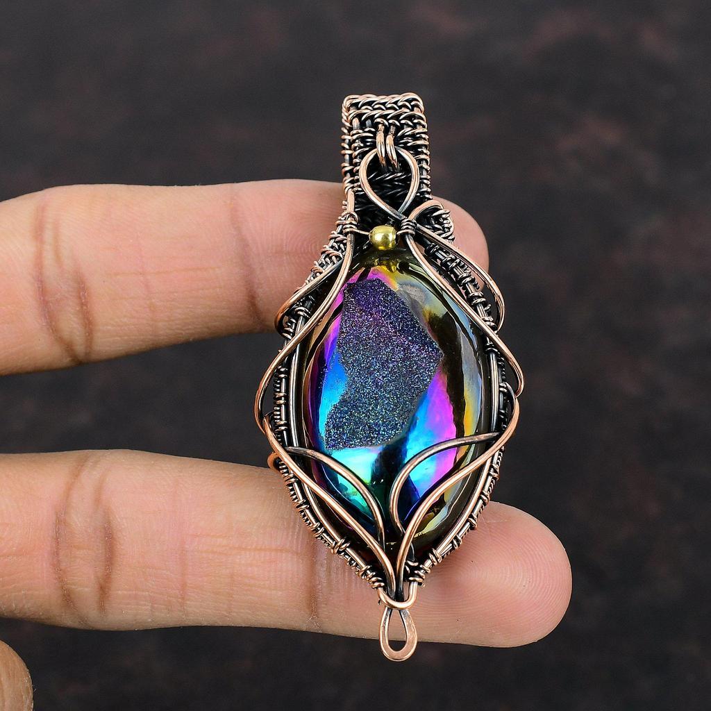 Титановый кулон-друзи, кулон из медной проволоки, кулон, ювелирные изделия ручной работы, кулон с драгоценным камнем, медная проволока, дизайнерский кулон, подарок для мамы