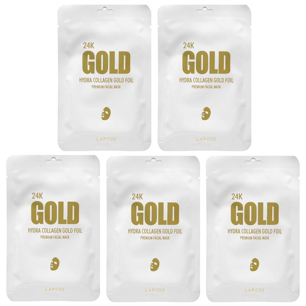 LAPCOS 24K Gold Hydra Collagen Gold Foil, Premium Facial Beauty Sheet Mask, 5 Sheets, 25 G (0.88 Oz) Each