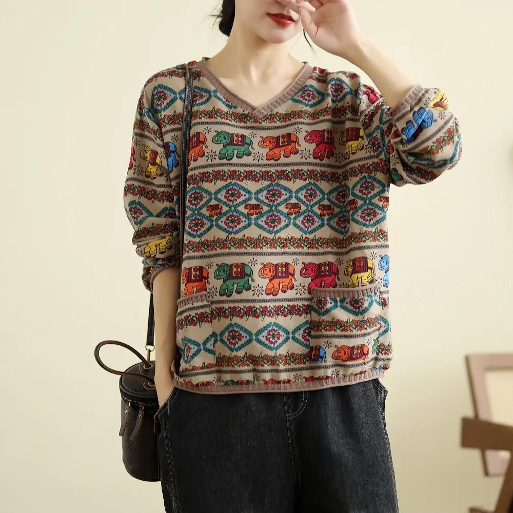 WomenSwing Осень Винтаж Стиль Лоскутное Цветочный Принт Вязание Пуловеры Повседневный Свободный Круглый Вырез Мягкий Модный Свитер Для Женщин