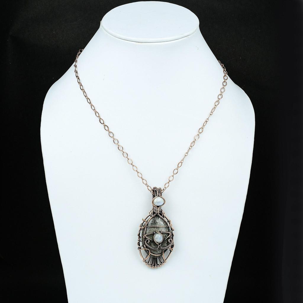 Подвеска из медной проволоки с коралловым скатом от сглаза, обернутая в драгоценный камень, дизайнерская бижутерия, подвеска из лунного камня от сглаза, ручная работа, женский кулон, подарок для него