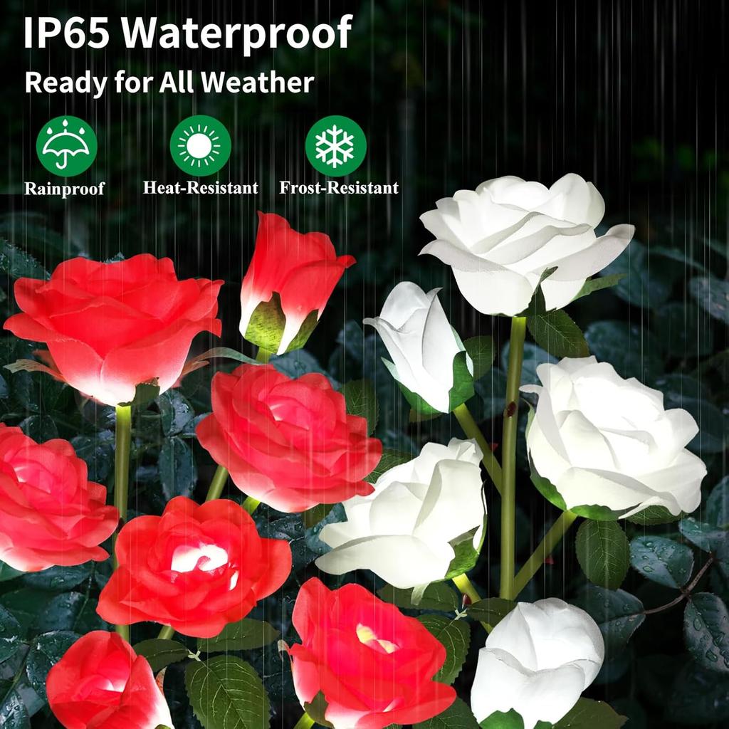 Garden Solar Decorative Lights, Outdoor Waterproof Realistic Artificial 5 Rose Flowers for Backyard Pathway Porch Yard Decor
