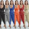 European & American Plus Size V-Neck Solid Color Casual Two-Piece Legging Suit for Women
