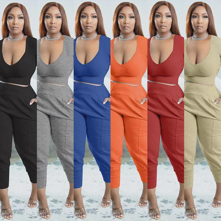 European & American Plus Size V-Neck Solid Color Casual Two-Piece Legging Suit for Women