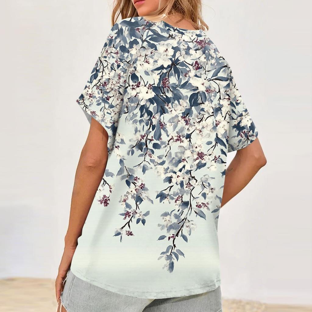Womens Short Sleeve V-Neck Shirts Floral Print Loose Casual Basic Tees Summer Tops