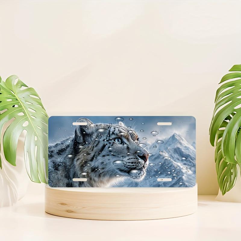 2D Flat, Decorative Signs& Plaques- 2D Flat, for Decorative Use Only Design: Car License Plate Cover and Frame Featuring a Snow Leopard in a Snowy Mou