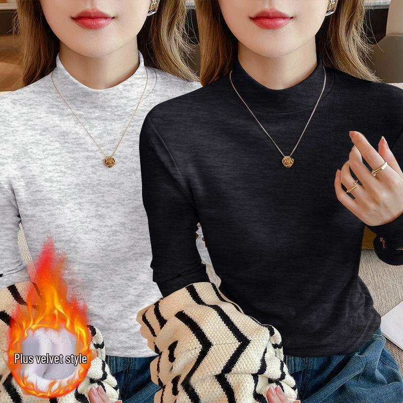 Осень 2025 Большой размер Приталенный Топ-база с длинным рукавом Свободный для женщин с воротником-стойкой