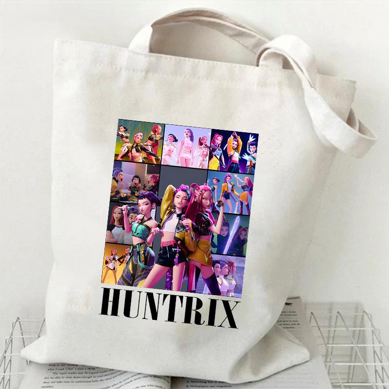 Сумка-тоут из холста с принтом KPOP Demon Hunter Girl Group HUNTRX, на плечо, студенческая