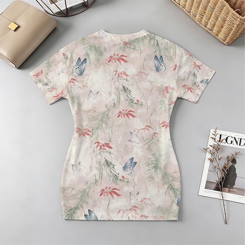 Floral Butterfly V-Neck Short Sleeve Bodycon Mini Dress, Soft Fabric, Versatile for Work, Casual, Vacation & Home Wear