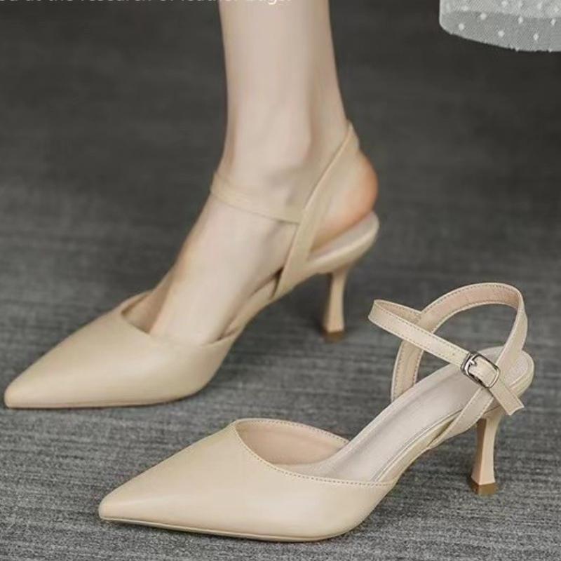 2024 Новые летние женские туфли, модные однотонные босоножки с острым носком и пряжкой на один ряд, на высоком каблуке-шпильке