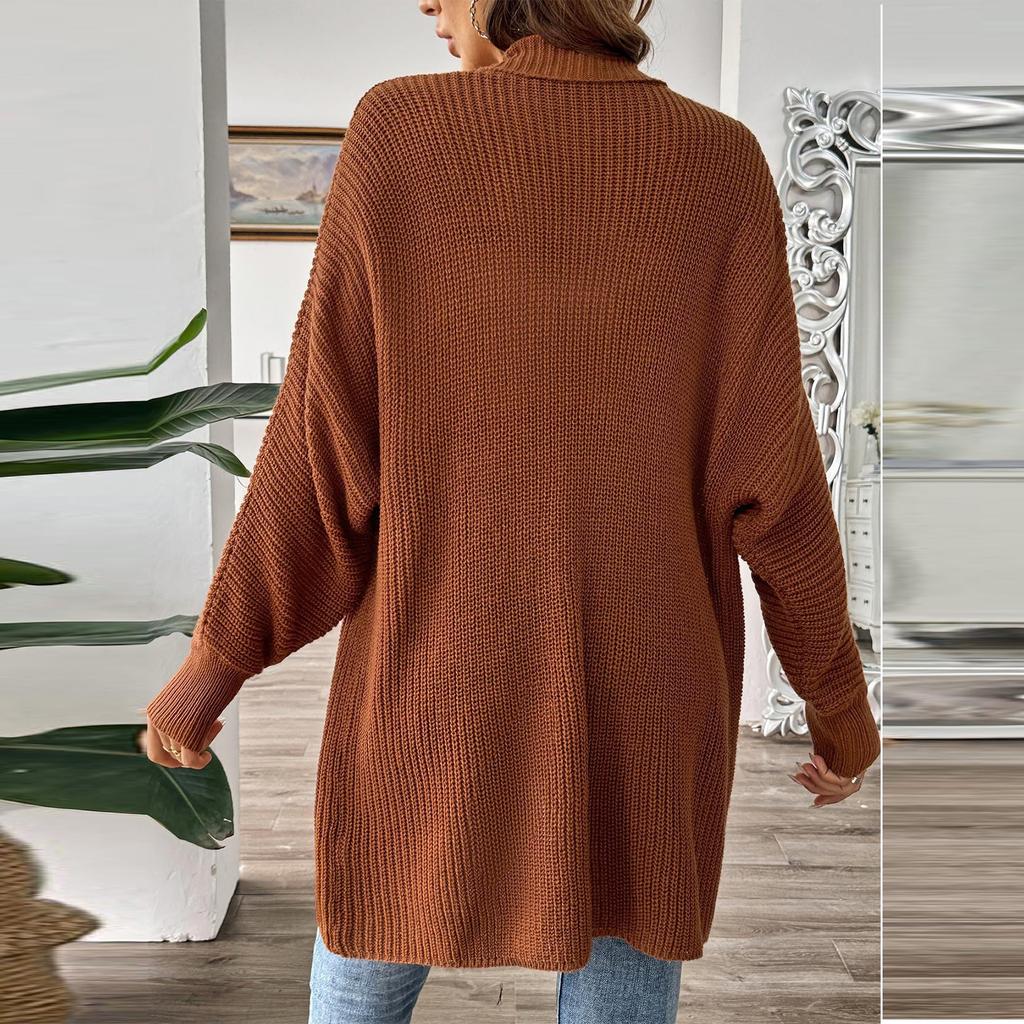 Женский вязаный кардиган средней длины однотонный с длинным рукавом куртка свитер вязаный свитер
