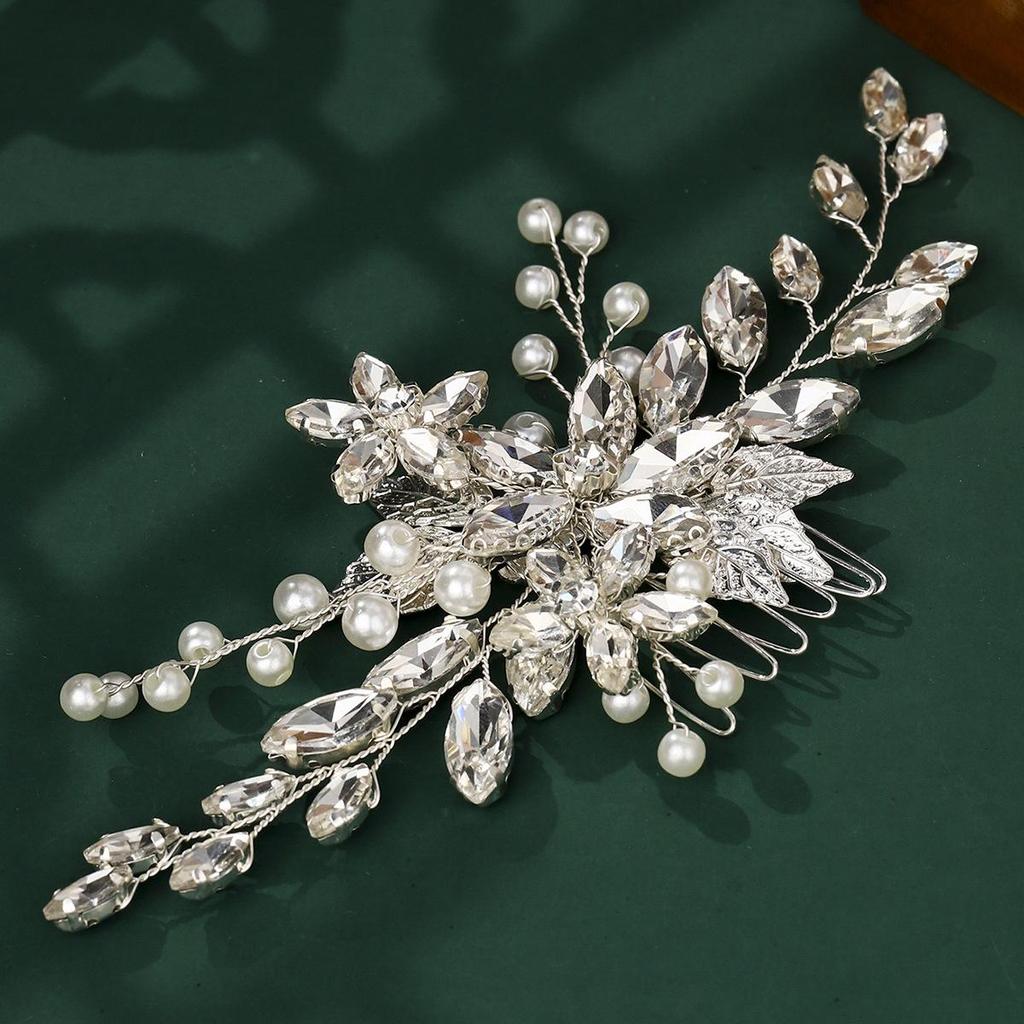 Сделанный вручную свадебный гребень для волос с цветком из жемчуга и страз и листьями