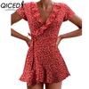 QICED Summer Women A-Line Floral Print Dress Cute Elegant V-Neck Floral Ruffle Short Dress for Lady Chic Flower Mini Dress