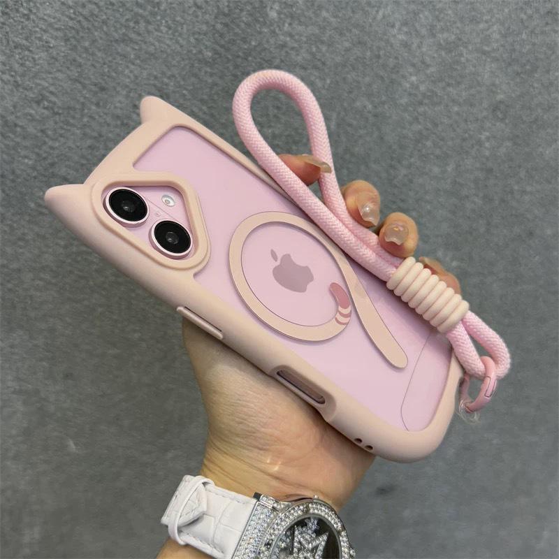 Прозрачный чехол для iPhone 16/16 Pro Max с розовыми кошачьими ушками и магнитным кошачьим хвостом