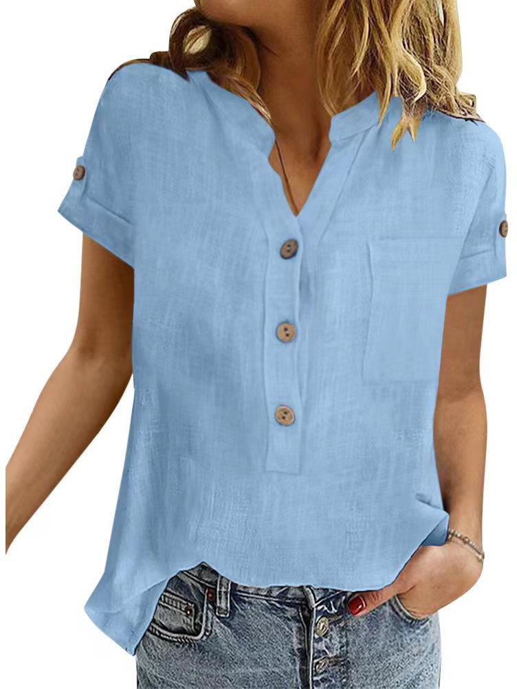 Women's Summer Retro Patchwork Cotton Linen V-Neck Button Short Sleeve Top