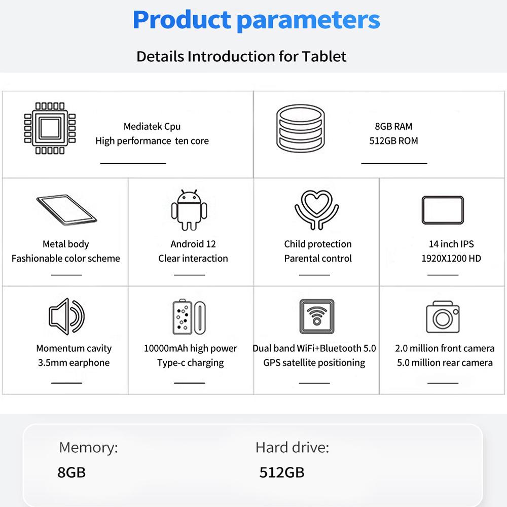 14 Inch Tablets BDF M40 PLUS Global Version Android 12 System 8GB RAM 512GB ROM 4G LTE Dual SIM 5G Dual WiFi GPS Tablet PC 10000mAh