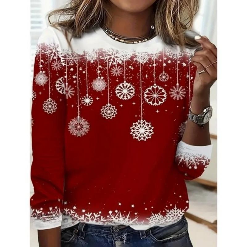 Весенне-осенний женский топ с рождественским принтом, футболка с круглым вырезом, повседневный милый стиль, футболка с длинным рукавом