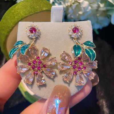 Ins Net красные серьги женские солнечные цветы блестящие серьги цвет кубического циркония темперамент висячие серьги для женщин